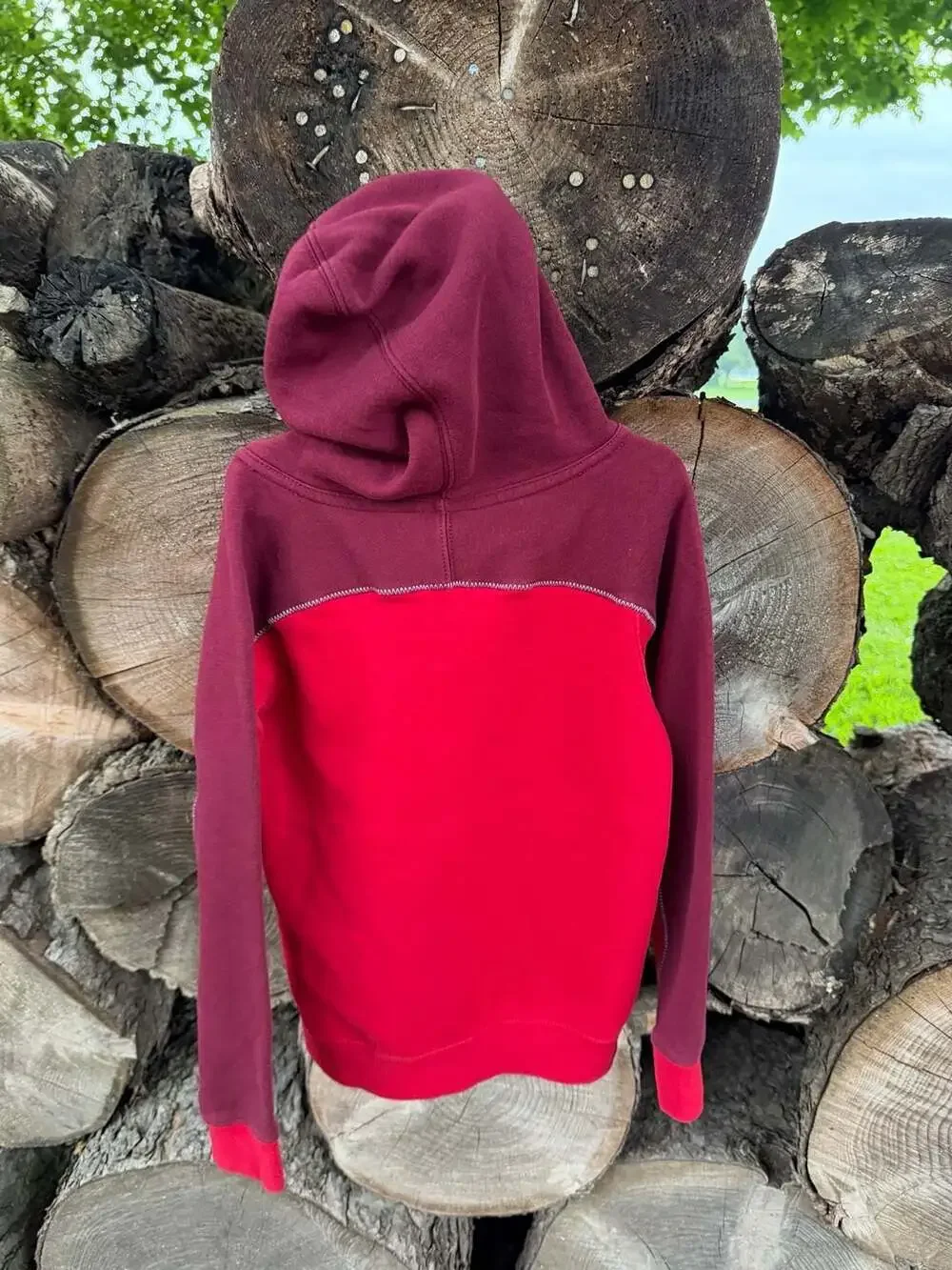 Nike Vintage Style Colorblock Red and Burgundy Embroidered Logo Hoodie